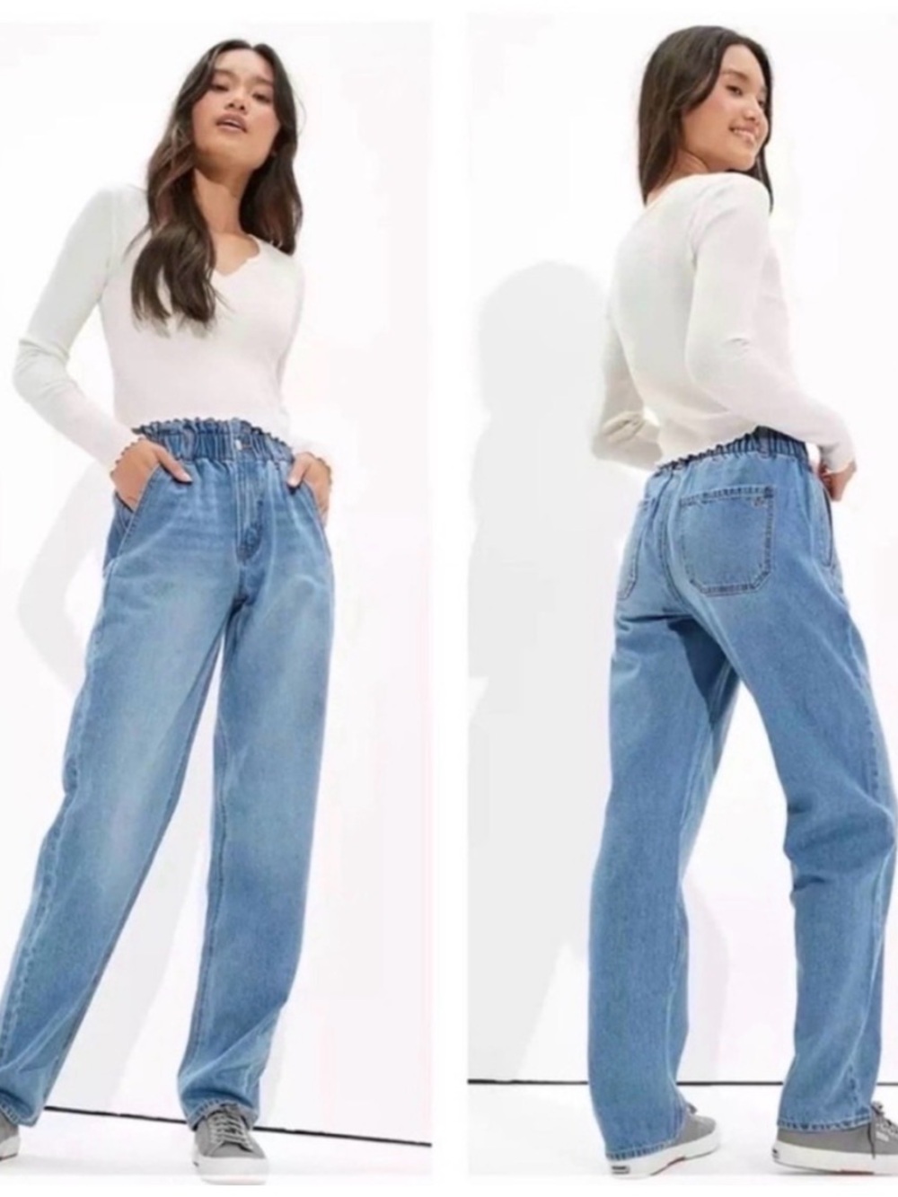 NEW without Tags Gathered Waistband High-Waist Light Blue Relaxed AE Jeans